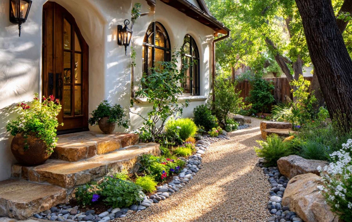 Stone steps and gravel pathways with professional landscaping in Lynwood, CA